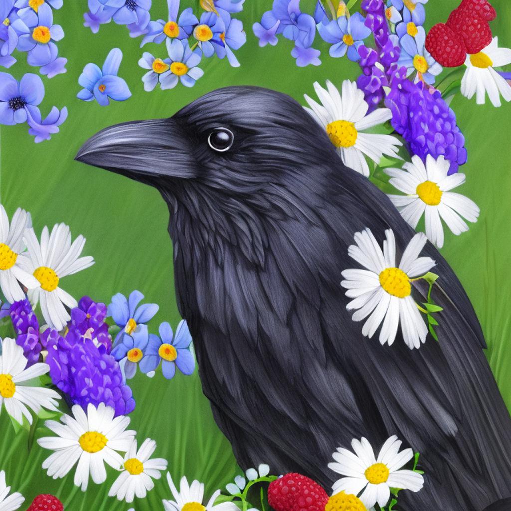 Raven surrounded by daisies,