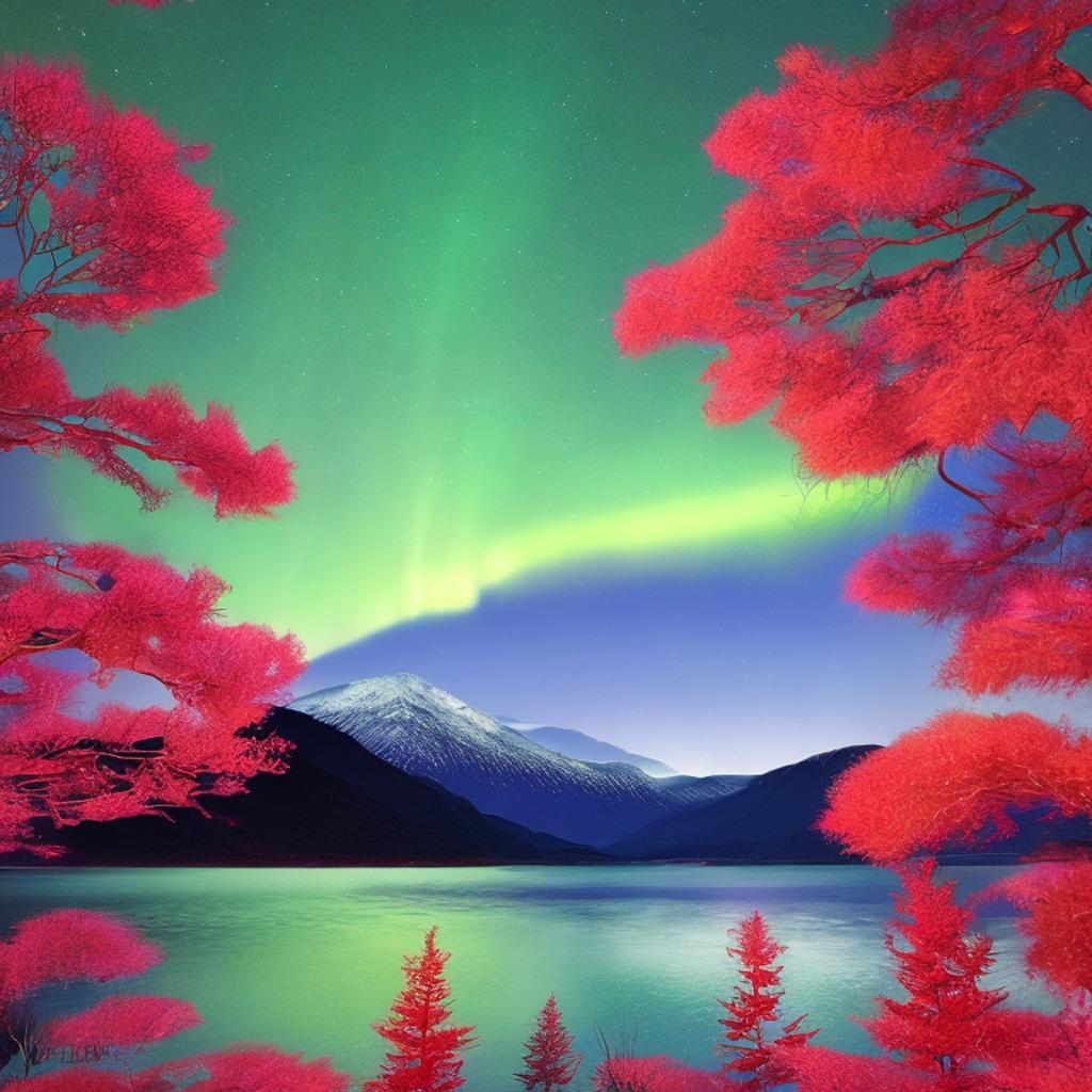 Aurora borealis, distant mountains,