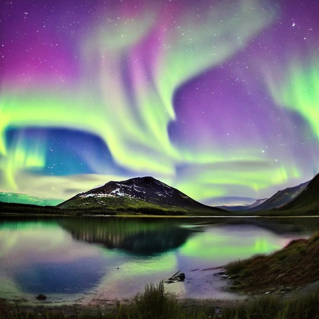 Aurora borealis, distant mountains,